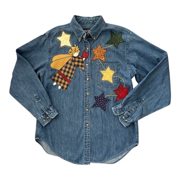 Vintage 90s Lands' End Christmas Americana Embroidered Patchwork Denim Shirt M - Picture 1 of 7